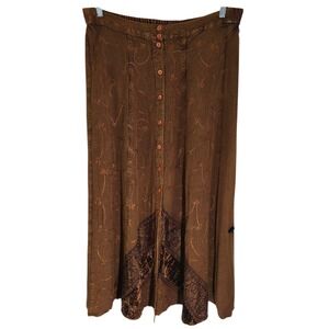Speed Limit Brown Earthy Boho Embroidered Lace Trim Button Front Maxi Skirt
